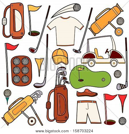 Golf color icons set in hand draw cartoon style. Golf equipment set collection
