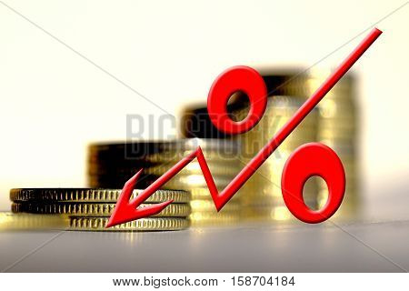 Рercent sign on a background of money . The concept of changes in Bank interest rates .