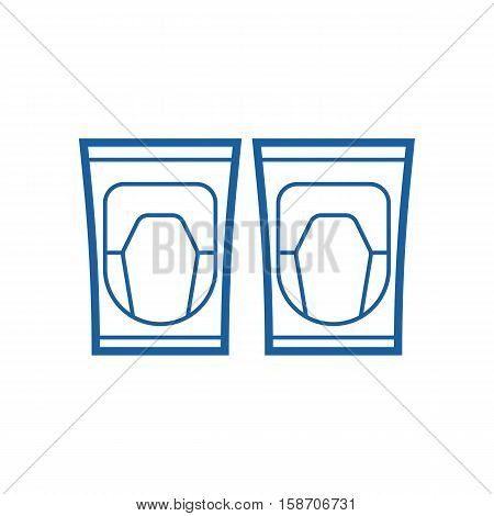 Active sport knee protectors in thin line design. Skateboarding or snowboarding knee pads icon. Ride protection gear.