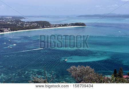 Shoal bay on a sunny day from Mount Tomaree Lookout (Central Coast NSW Australia)