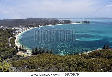 Shoal bay on a sunny day from Mount Tomaree Lookout (Central Coast NSW Australia)