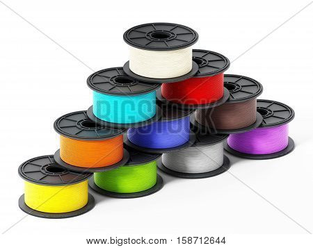 3D printer filaments isolated on white background. 3D illustration.