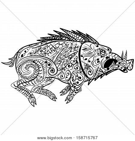 Stylized wild boar (razorback, warthog, hog, pig), isolated on white background. Freehand sketch for adult anti stress coloring book page with doodle and zentangle elements.
