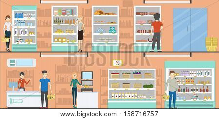 Supermarket idoors interior. Stands and shelves with products, fruits, vegetables, alcohol and more.