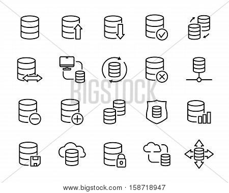 Set of database icons in modern thin line style. High quality black outline backup symbols for web site design and mobile apps. Simple linear data transfer pictograms on a white background.