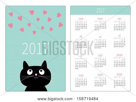 Pocket calendar 2017 year. Week starts Sunday. Flat design Vertical orientation Template. Cute cartoon black cat looking on pink heart set. Kitty meou. Love Blue background. Vector illustration