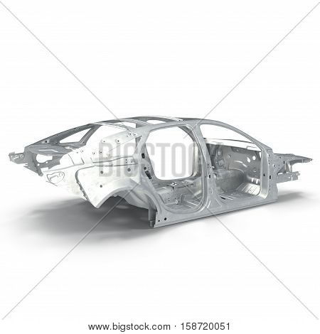Carcass af a sedan car on white background. 3D illustration