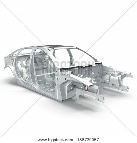 Carcass af a sedan car on white background. 3D illustration