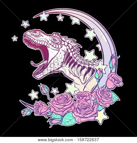 Detailed sketch style drawing of the roaring tyrannosaurus rex on Kawaii Moon and roses frame. Tattoo design. Concept art. Pastel goth pallette. EPS10 vector illustration isolated on black background.