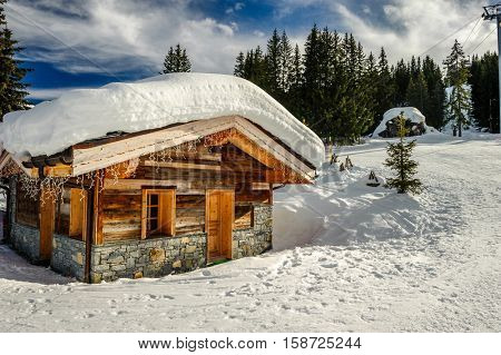 Mountain ski resort with snow in winter, Courchevel, Alps, France