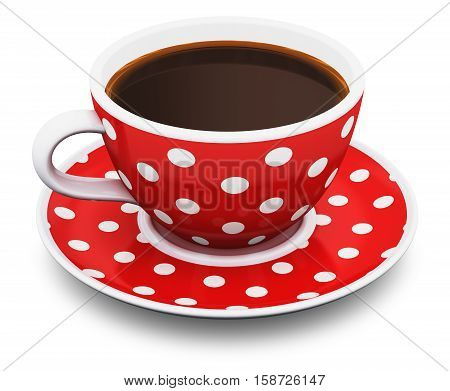 3D render illustration of red porcelain cup or china mug with color polka dot ornament with hot fresh black americano espresso or arabica coffee isolated on white background