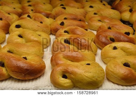 Home made Lucia bakery with raisin directly from the oven.
