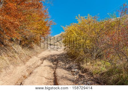 Landscape with rough earth road to mountain Demerdzhi Crimean peninsula