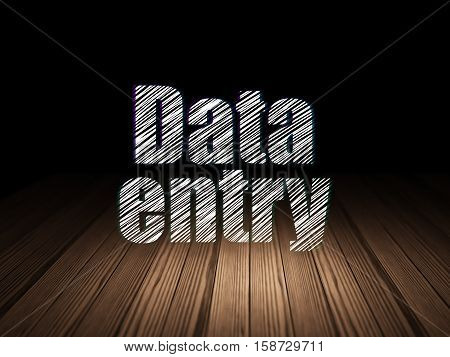 Data concept: Glowing text Data Entry in grunge dark room with Wooden Floor, black background