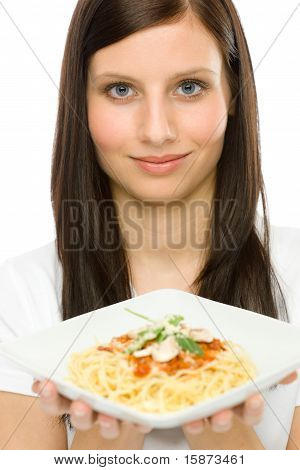 italienisches Essen Portrait Frau Spaghetti-sauce