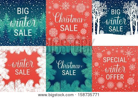 Big winter sale Christmas sale special winter offer posters set. Vector winter holiday backgrounds with hand lettering calligraphic christmas tree branches snowflakes falling snow.