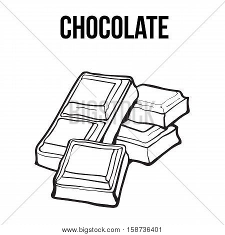 Pieces of black and white chocolate bar, sketch style vector illustration isolated on white background. Hand drawn chocolate bar broken into pieces, appetizing realistic drawing