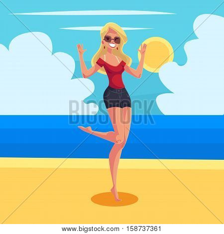 Young barefooted blond woman in sun glassses dancing on the beach, cartoon vector illustration. Young, beautiful woman, girl with long blond hair dancing at the beach on a wonderful sunny day