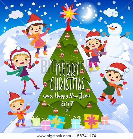 Merry Christmas And Happy New Year. 2017. Winter Fun. Cheerful Kids Playing In The Snow. Stock Vecto