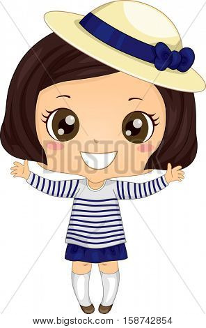 Illustration of a Cute Little Girl Wearing a Breton Shirt and a Derby Hat