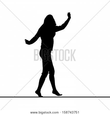 Woman silhouette balancing on slack line over white background