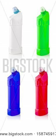 Universal cleanser. Photography of set plastic bottles with liquid laundry detergent cleaning agent bleach or fabric softener - isolated on white background