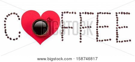 Coffeebeans text and red coffee cup with red heart on white background