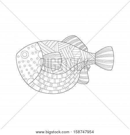 Large Tropical Fish Sea Underwater Nature Adult Black And White Zentangle Coloring Book Illustration. Doodle Monochrome Vector Drawing With Geometric Mosaic Patterns For Coloring.