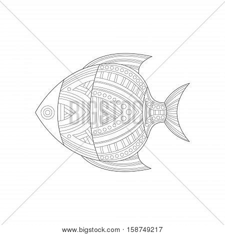 Cool Tropical Fish Sea Underwater Nature Adult Black And White Zentangle Coloring Book Illustration. Doodle Monochrome Vector Drawing With Geometric Mosaic Patterns For Coloring.