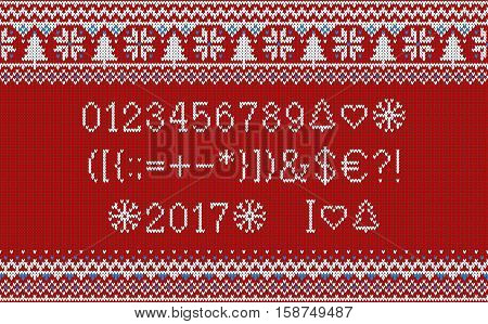 Christmas font. Knitted latin alphabet on seamless knitted pattern with snowflakes and fir. Nordic fair isle knitting winter holiday sweater design. Vector Illustration