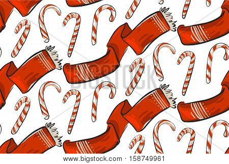 Hand drawn vector Christmas seamless pattern with winter clothing red scarf and sweer candy canes isolated on white backgroung.Merry Christmas and Happy New Year concept pattern.Wrapping paper.