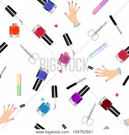Seamless Pattern Manicure Tools On A White Background. Vector Illustration. Hand Drawing Manicure To