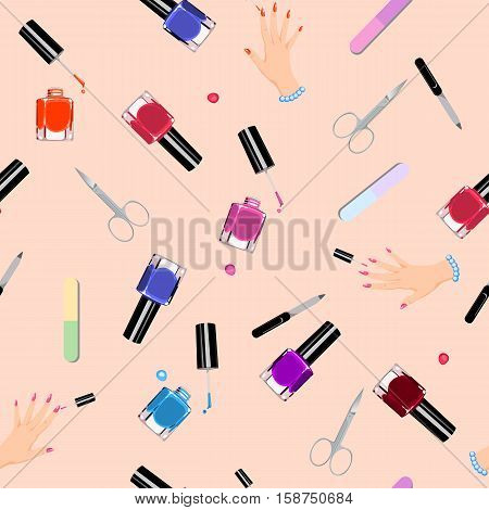 Seamless Pattern Manicure Tools On A White Background. Vector Illustration. Hand Drawing Manicure To