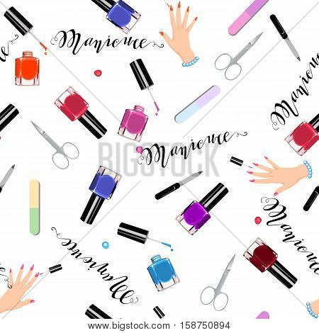 Seamless Pattern Manicure Tools On A White Background. Vector Illustration. Hand Drawing Manicure To
