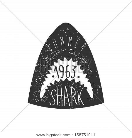 Great White Shark Head Summer Surf Club Black And White Stamp With Dangerous Animal Silhouette Template. Monochrome Vector Surfing Beach Sport Sign Design With Text And Date.