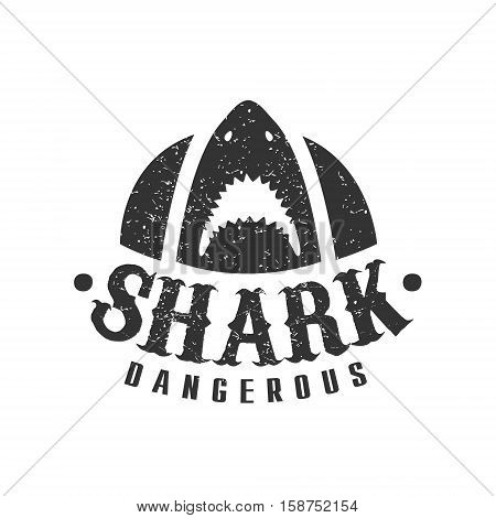 Shark With Open Mouth And Sharp Teeth Summer Surf Club Black And White Stamp With Dangerous Animal Silhouette Template. Monochrome Vector Surfing Beach Sport Sign Design With Text And Date.