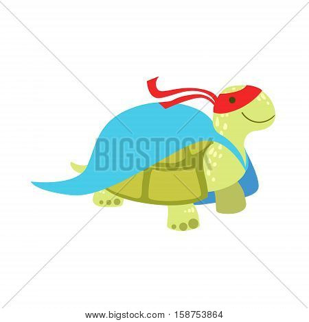 Land Turtle Animal Dressed As Superhero With A Cape Comic Masked Vigilante Character. Part Of Fauna With Super Powers Flat Cartoon Vector Collection Of Illustrations.