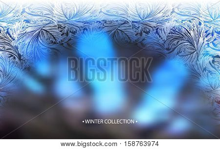 Winter blue blur background with frost hoar border frame. Horizontal arc frozen glass design. Vector illustration stock vector.