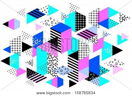 Memphis horizontal design with geometric shapes. Abstract 80s-90s styles design. Trendy memphis style. Colorful geometric hipster poster background. Vector illustration stock vector.
