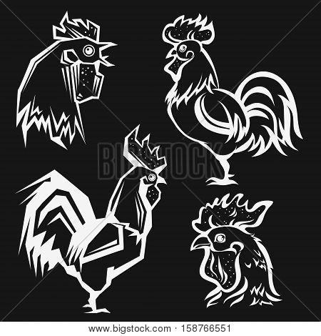 Hand Drawn Roosters.  Vector Set Of Cock.