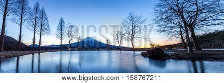 Mount Fuji Fujisan mountain with sunrise Japan Panorama