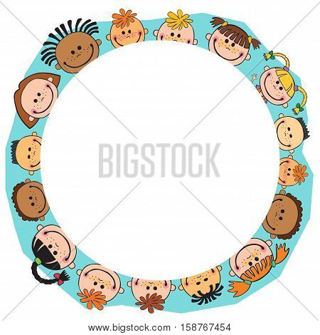 illustration of kids bunner around gildren behind circle poster vector