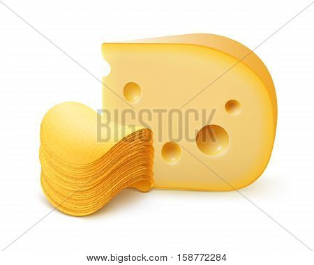 Vector Potato Crispy Chips Stack with Cheese Close up Isolated on White Background