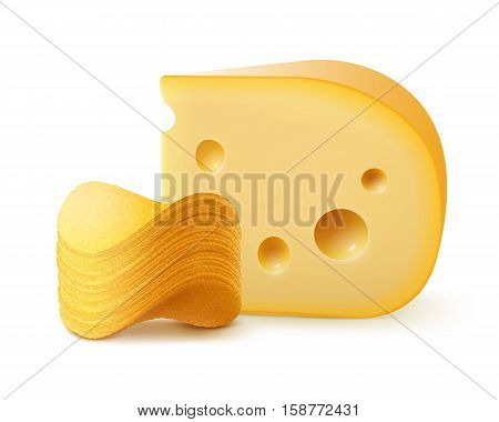 Vector Potato Crispy Chips Stack with Cheese Close up Isolated on White Background