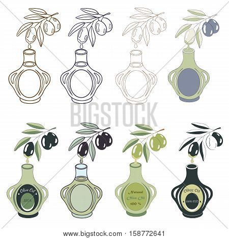 Vector illustration of olive branch with olive fruits and bottle. Different variants of logotype for olives production and farm industry