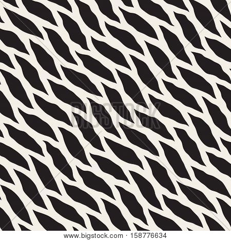 Vector Seamless Black and White Hand Drawn Diagonal Wavy Shapes Pattern. Abstract Freehand Background Design