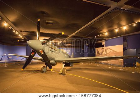 MANAMA, BAHRAIN - OCT 29, 2016: The iconic Supermarine Spitfire Aircraft in an Exhibition at the Bahrain National Museum - the aircraft that defended the skies during the Second World War