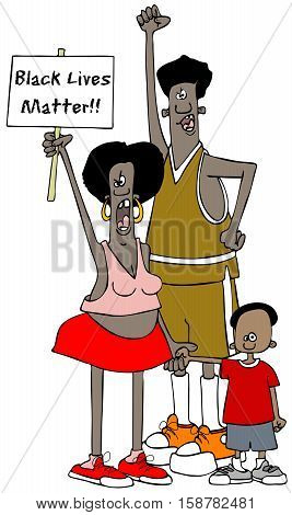 Illustration of a family shouting and holding up a protest sign.