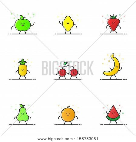 Vector illustration of funny fruit characters cartoon set in line style. Linear cute icons with face smile. Flat design diet nutrition for web and mobile app Outline vegan expression.