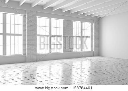 White empty room with big windows wooden floor and brick walls. Loft interior mock up. Home or office blank space. 3D rendering